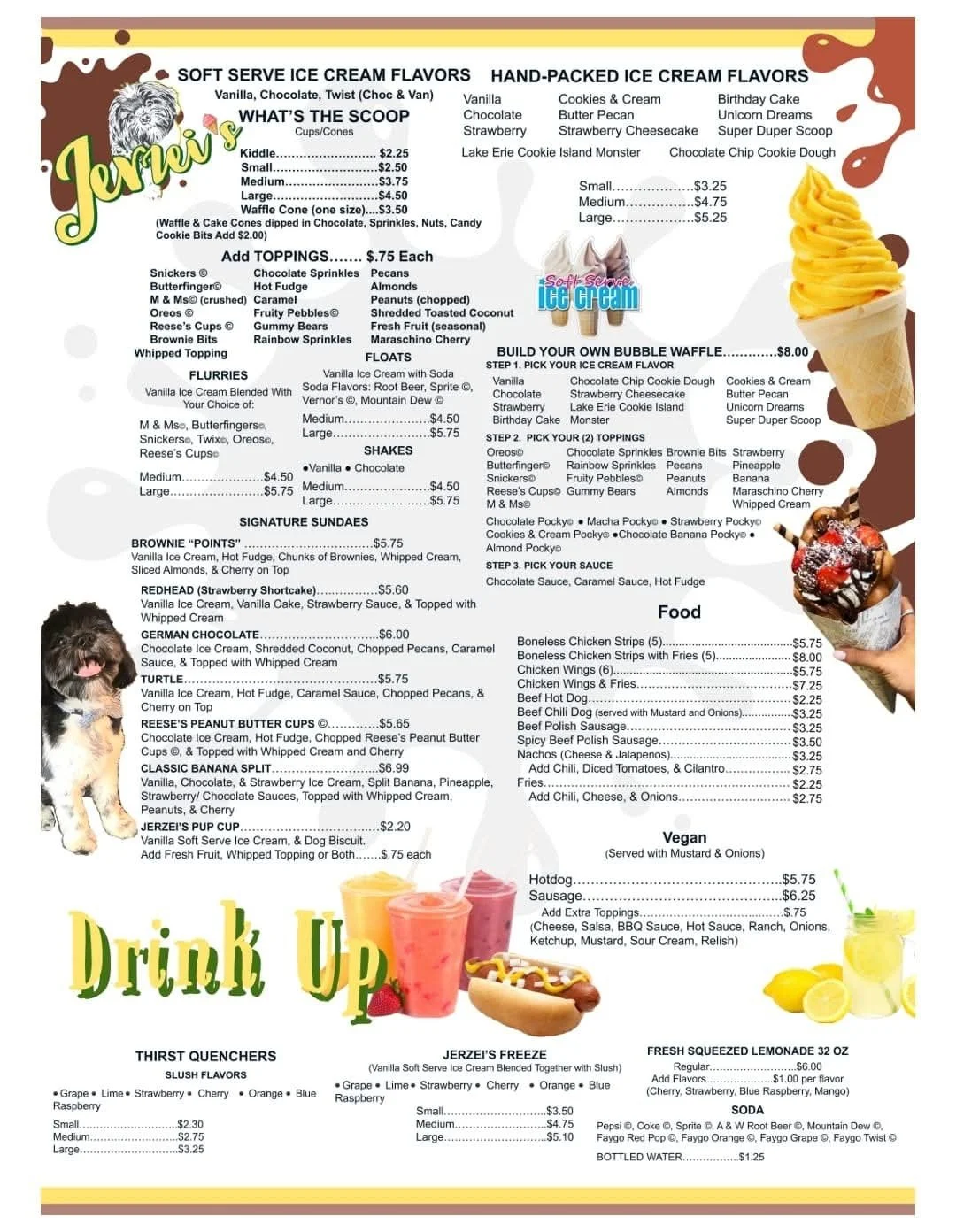 JERSEI's clean, organized menu. created by Pennyborne Development, showcases everything on offer at this food spot, with each section clearly marked for easy browsing. Soft serve and hand-packed ice cream flavors take the spotlight up top, each liste