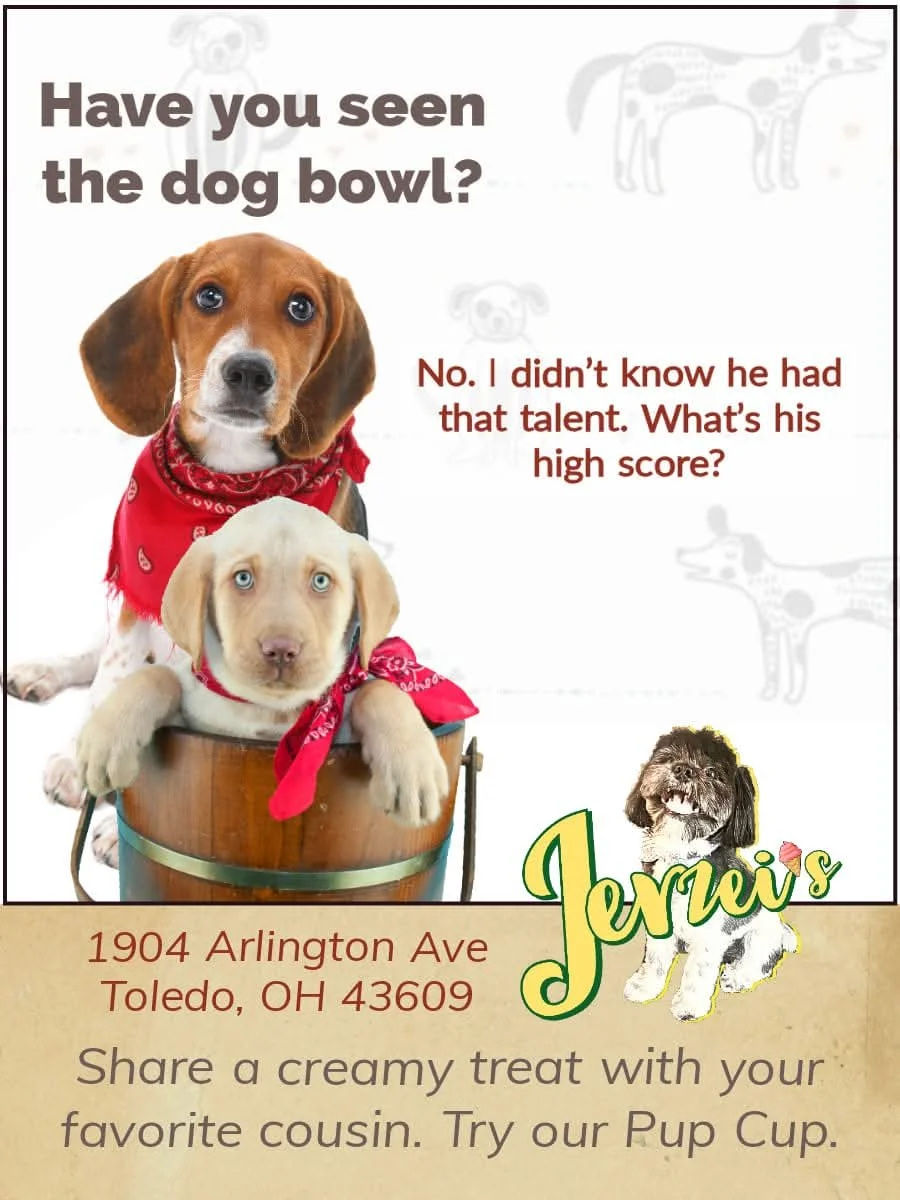 An inviting ad for JERZEI's special Ice cream treats for dogs, puts the spotlight on two irresistible pups: a brown-and-white Beagle and a light-colored Labrador puppy, both sporting matching red bandanas. They’re cozied up in a rustic wooden bucket,