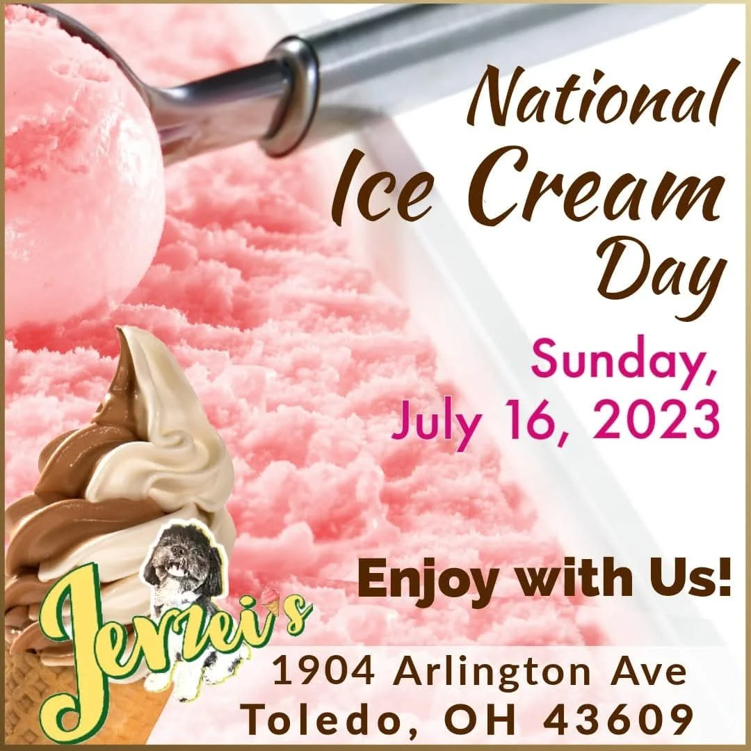A vibrant poster for National Ice Cream Day at Jerzei’s puts luscious scoops of pink and chocolate ice cream front and center. The pink ice cream dominates the image with its smooth, creamy texture, while a scoop of rich chocolate sits below, hinting