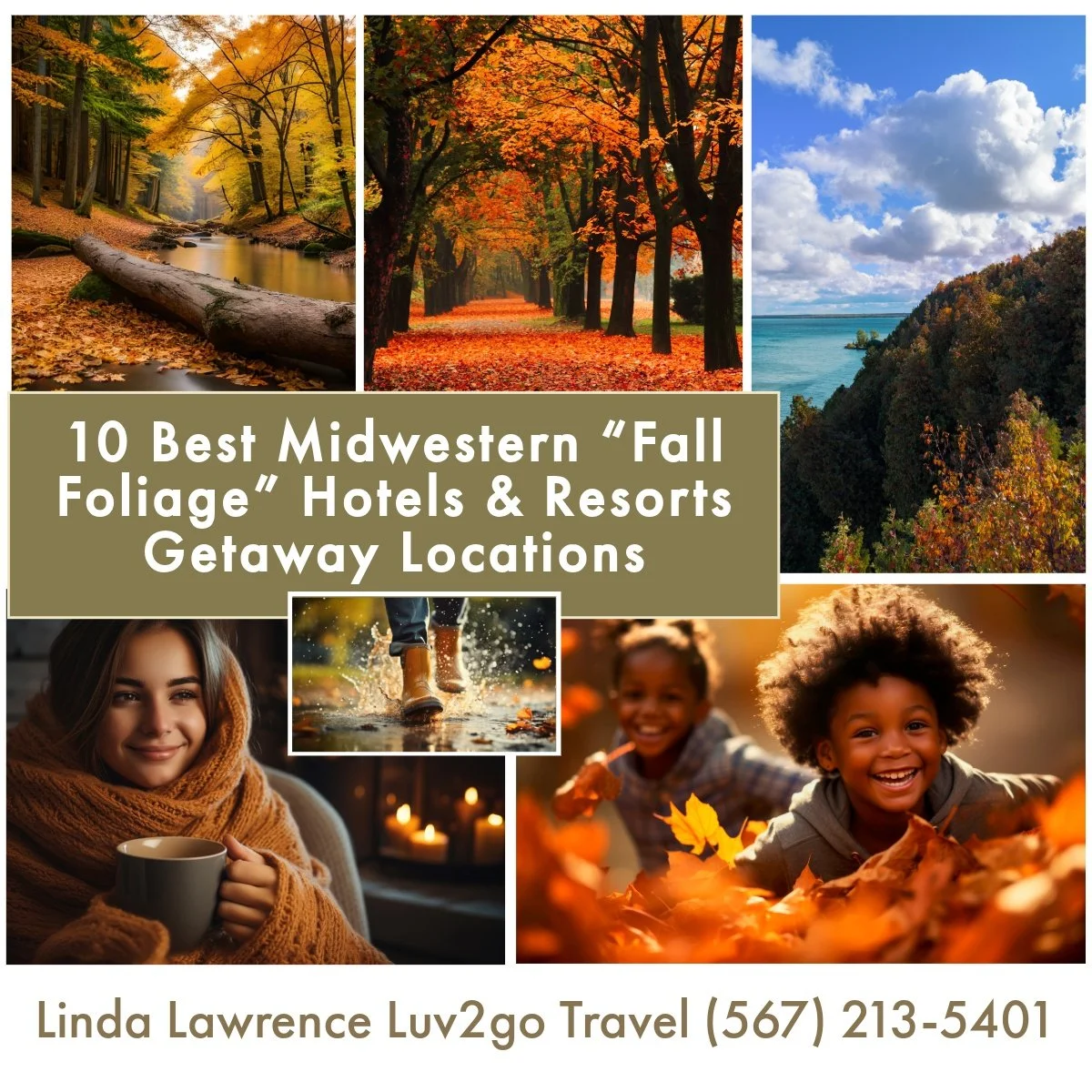 Luv2go Travel employs an autumn-themed collage as a vibrant invitation to embrace the season’s beauty. Arranged in a neat grid, each photo offers a unique glimpse of fall: golden forests awash in sunlight, winding paths blanketed with colorful leaves