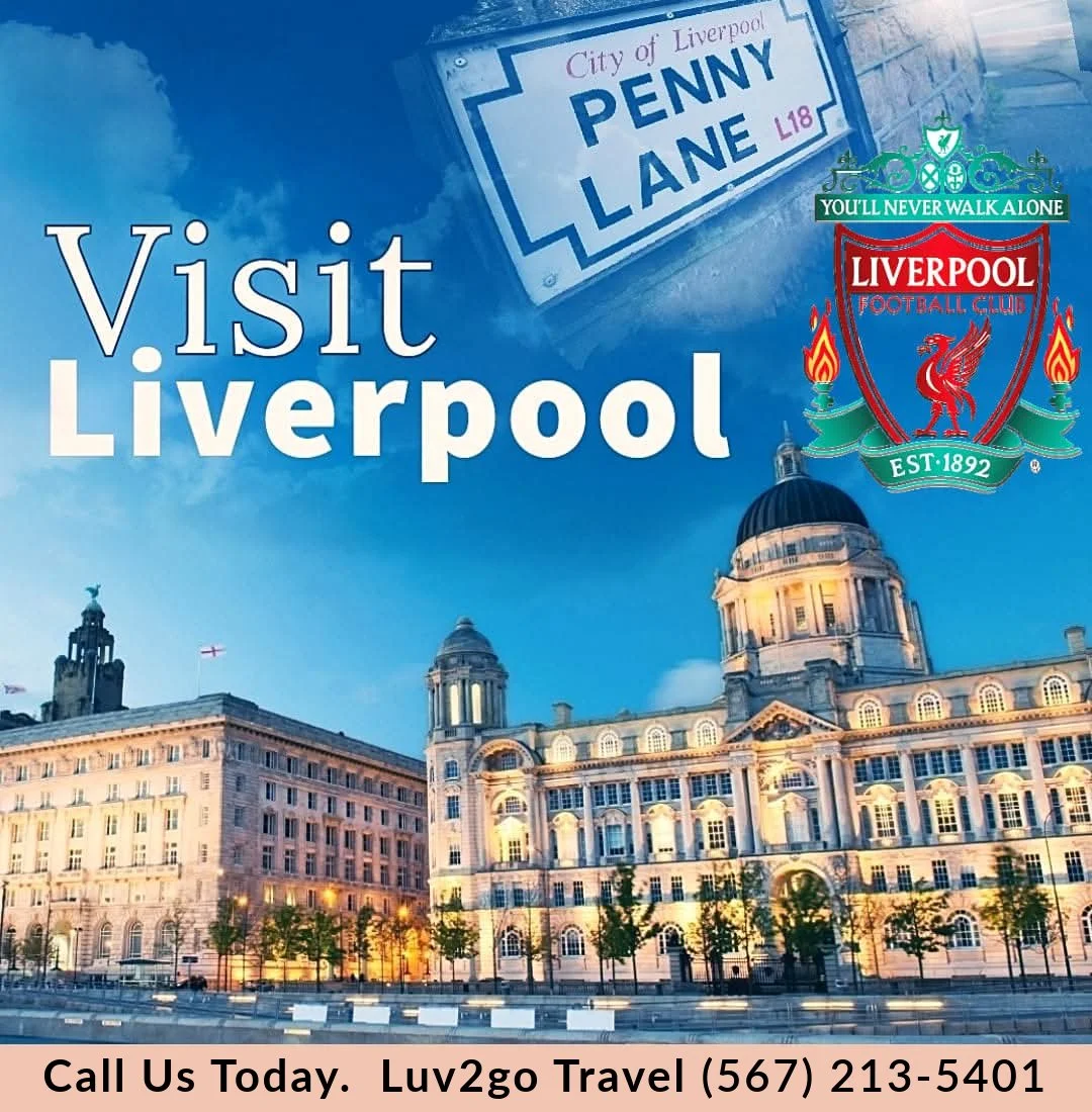 This striking Liverpool travel ad puts the city’s iconic architecture front and center. The Royal Liver Building rises majestically above the skyline, joined by other landmark structures that blend Victorian elegance with modern flair. The shot is ta