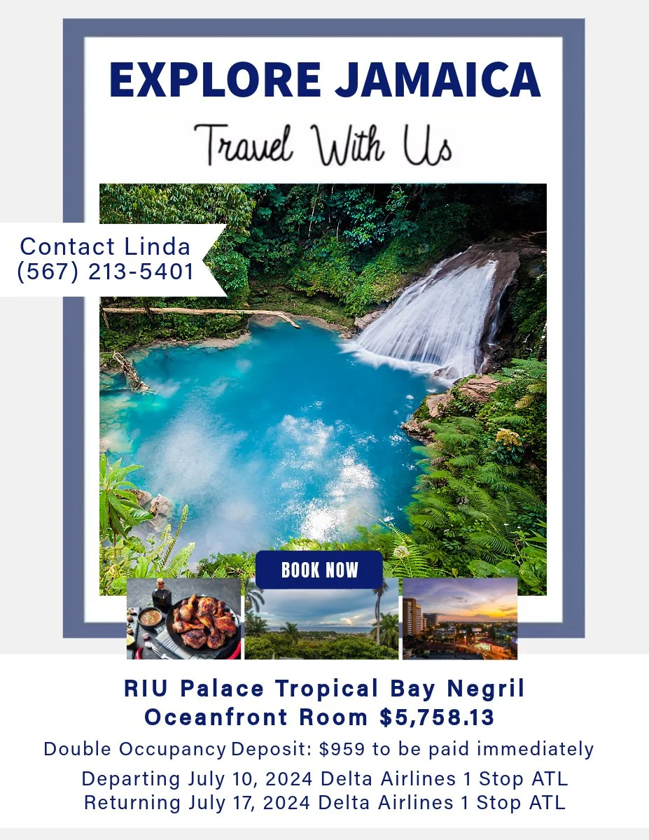This Luv2go Travel Jamaica vacation ad is pure tropical escape. At its center, a breathtaking waterfall crashes into a pool so turquoise it almost glows, surrounded by thick, vibrant greenery. The white rush of the water adds movement and energy, whi