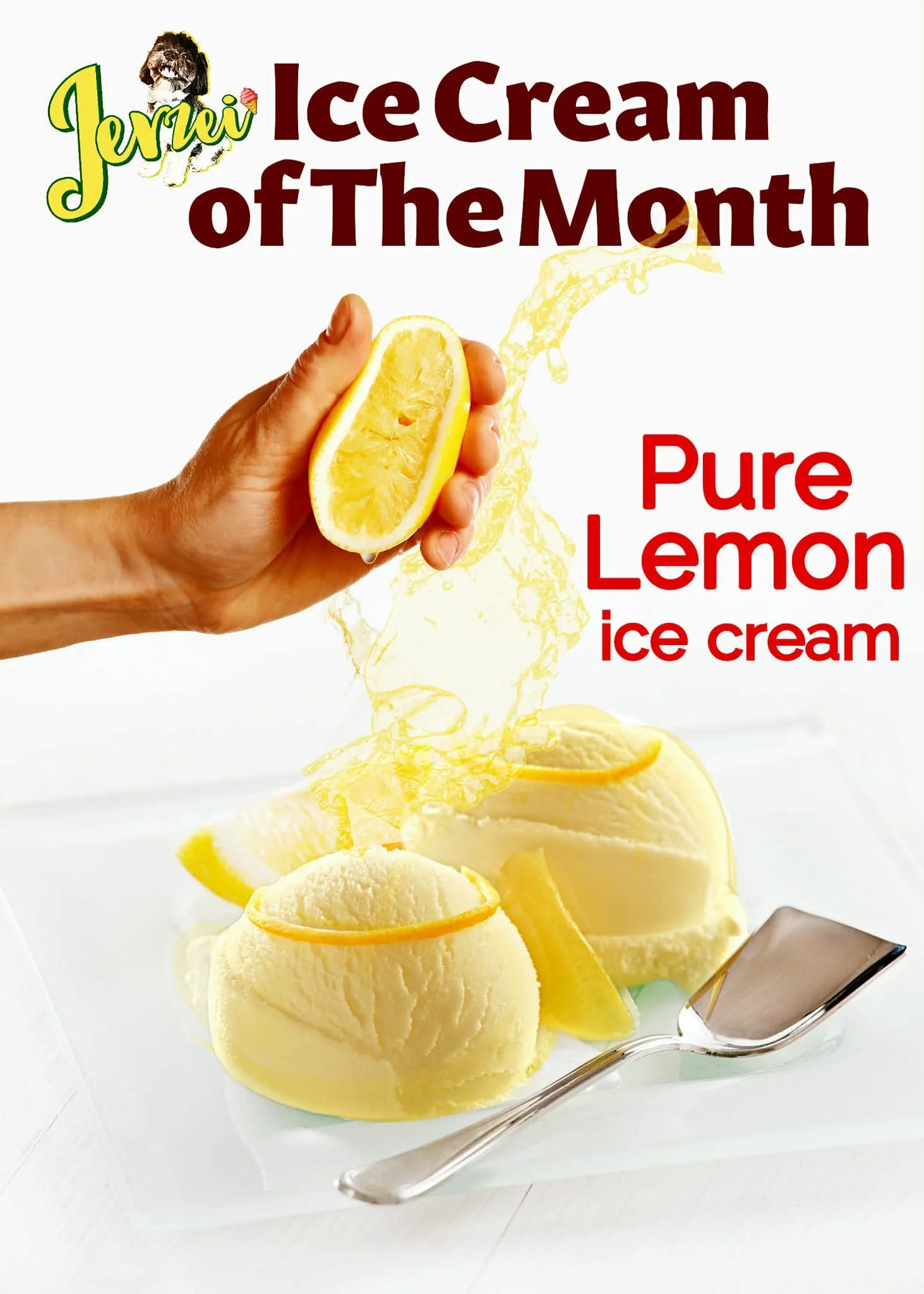 A bright, inviting promo for “Pure Lemon” ice cream puts the spotlight on two perfectly scooped, creamy yellow mounds served on a simple white plate. Each scoop is sprinkled with vibrant lemon zest, adding a pop of color and a hint of what’s to come.