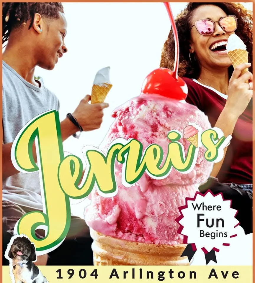 A bright, cheerful promo for Jerzei’s Ice Cream captures pure joy with two smiling people— a man in gray and a woman in dark attire—each savoring their ice cream cones. At the heart of the image, a towering cone brimming with swirls of pink and white