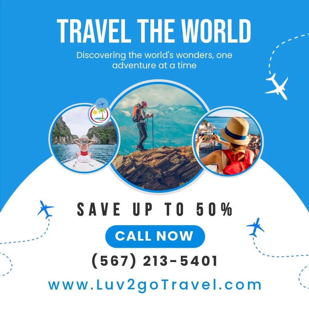 This bold Luv2goTravel graphic is all about igniting your sense of adventure. Set against a vibrant blue background, three circular images instantly catch the eye: one shows people kayaking on open water, another captures a hiker taking in breathtaki