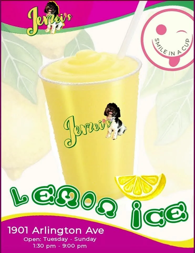 A bright, refreshing poster for JERZEI’s Lemon Ice centers on a clear cup brimming with creamy, vibrant yellow lemon ice. The drink pops against a playful palette of yellows and pinks, making it the undisputed star of the ad.
Above and to the left,