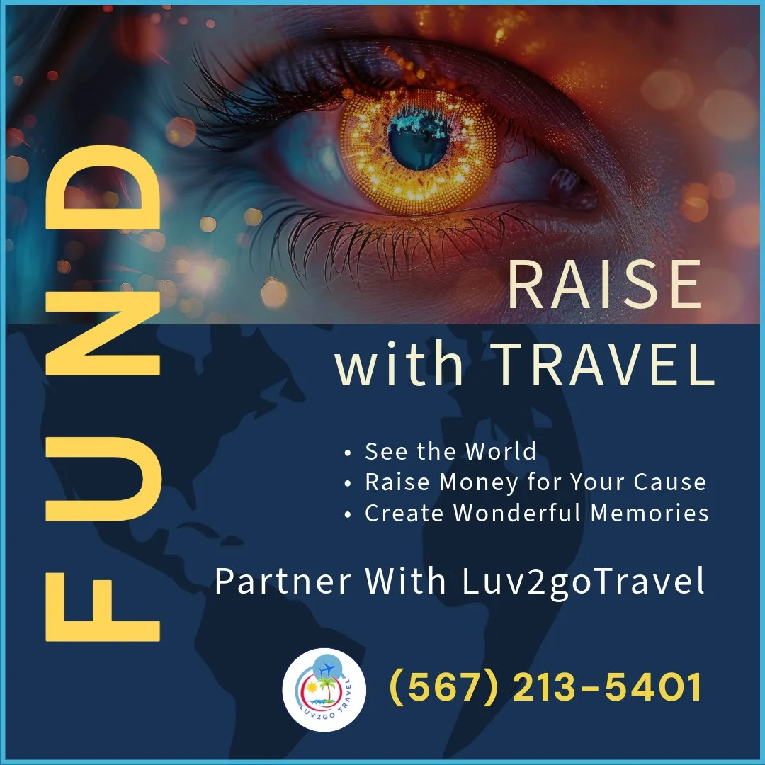This eye-catching graphic for Luv2goTravel’s fundraising services, offering businesses custom travel packages to raise funds. The campaign is bold and impossible to miss. “FUND” leaps out in bright yellow against a deep navy background, while “RAISE