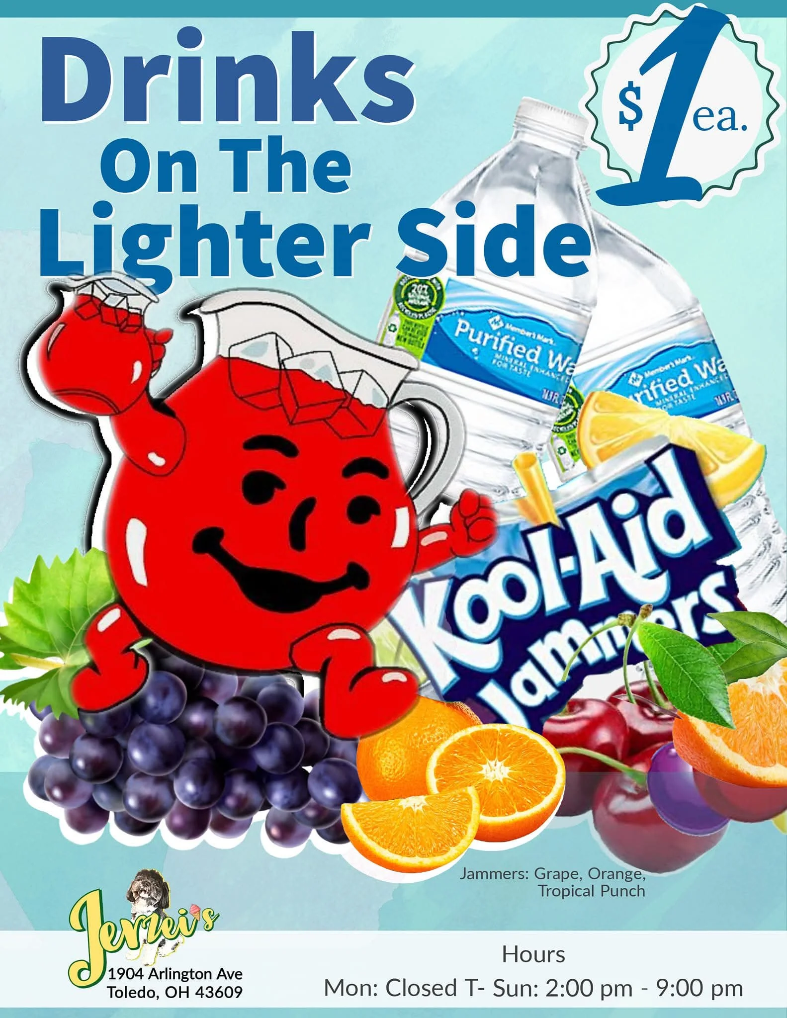 A lively, eye-catching poster invites Toledo locals to enjoy drinks “on the lighter side,” at JERZEI's, featuring Kool-Aid and purified water. At the heart of the design is a cheerful red cartoon mascot—instantly recognizable and full of energy—hover