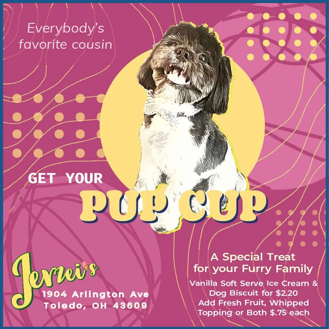 A playful, eye-catching poster for Jerzei’s Pup Cup puts the spotlight on furry family members with a cheerful, stylized Shih Tzu front and center. The pup’s happy face radiates friendliness, framed by a bold yellowish-tan circle that pops against a