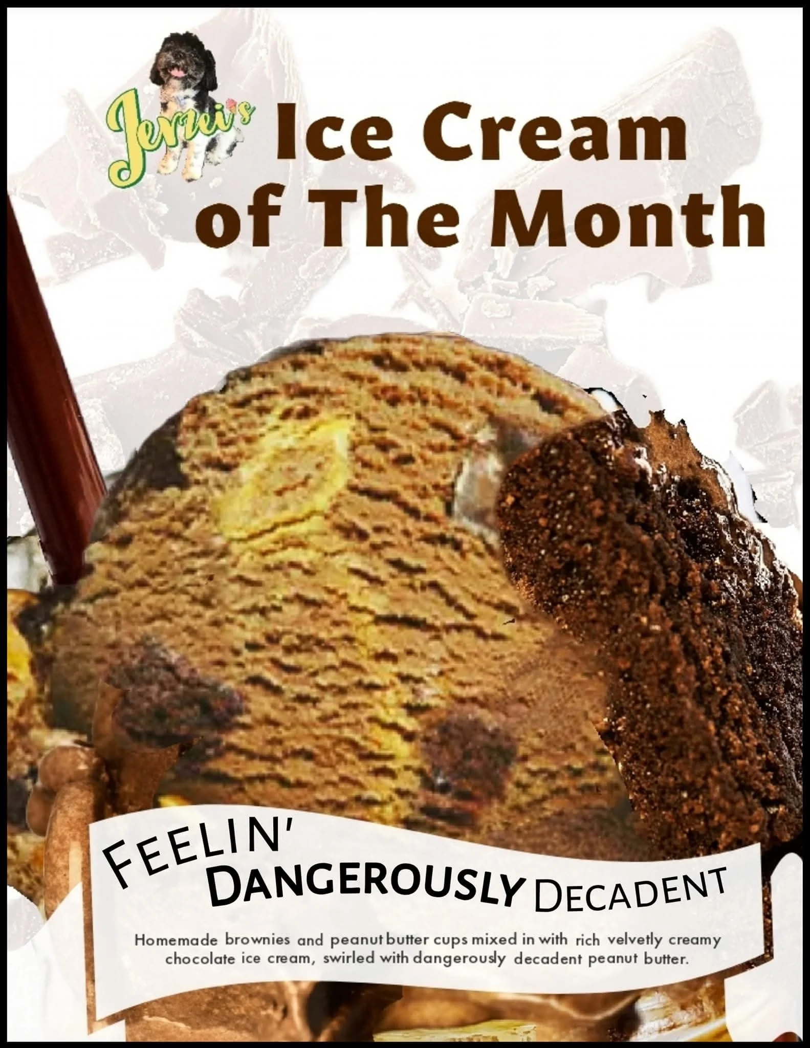 A bold, mouthwatering promo image for JERZEI’s “Ice Cream of the Month” puts the spotlight squarely on a decadent scoop layered with swirls of chocolate and caramel hues. The creamy texture and visible chunks of brownies and peanut butter cups make t