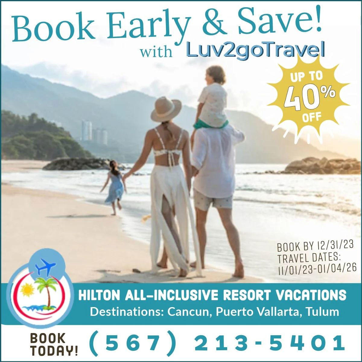 This Hilton all-inclusive resort ad captures the essence of a perfect family getaway. The scene is simple and inviting—a family of four strolls along a sunlit beach, their backs to the camera as they head toward the distant ocean and mountains. The s