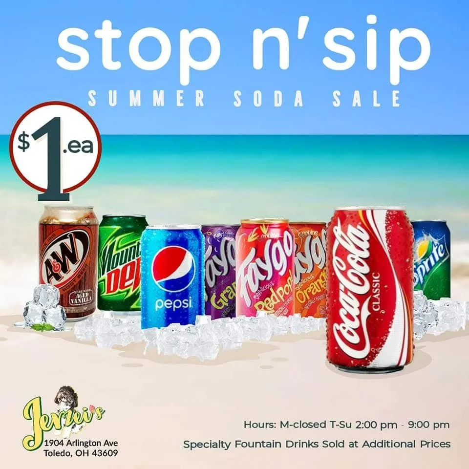 A vibrant, beach-themed promo for Jerzei’s 2020 "Stop n’ Sip SUMMER SODA SALE” lines up a colorful assortment of soda cans—AW, Mountain Dew, Pepsi, Faygo flavors like Grape, Redpop, Orange, Coca-Cola Classic, and Sprite—against a bright, sky-blue bac
