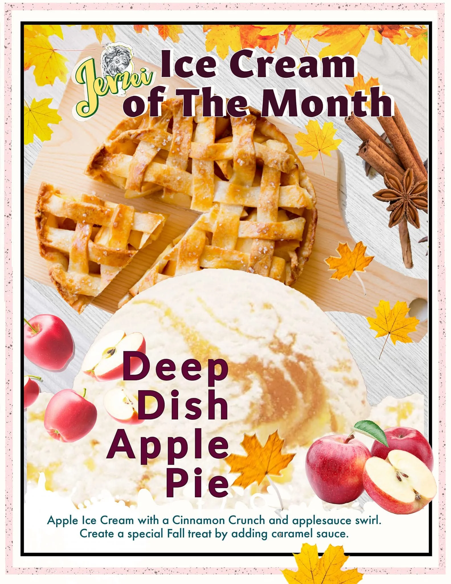 JERZEI’s “Deep Dish Apple Pie” ice cream ad is a feast for fall cravings. The centerpiece is a close-up shot of a golden, lattice-topped apple pie, its filling spilling out invitingly beside a marbled swirl of creamy ice cream. The bowl of ice cream