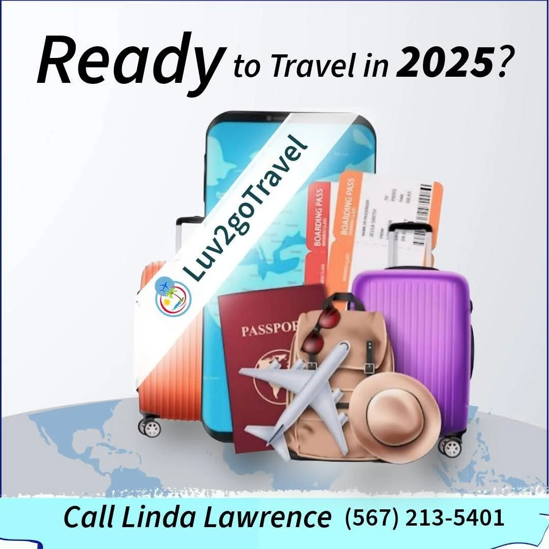 This 2025 travel promo image is all about sparking wanderlust. At the center, glossy suitcases, crisp passports, boarding passes, and a sleek model airplane are artfully stacked atop a smartphone, arranged as if someone’s just about to set off on an