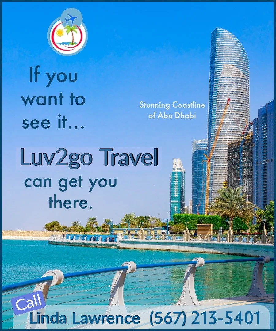 This Luv2go Travel promo captures the serene allure of Abu Dhabi’s waterfront in a single, inviting frame. The scene opens with a paved walkway lined by a gentle blue railing, guiding you right to the edge of a calm, turquoise-blue expanse of water.