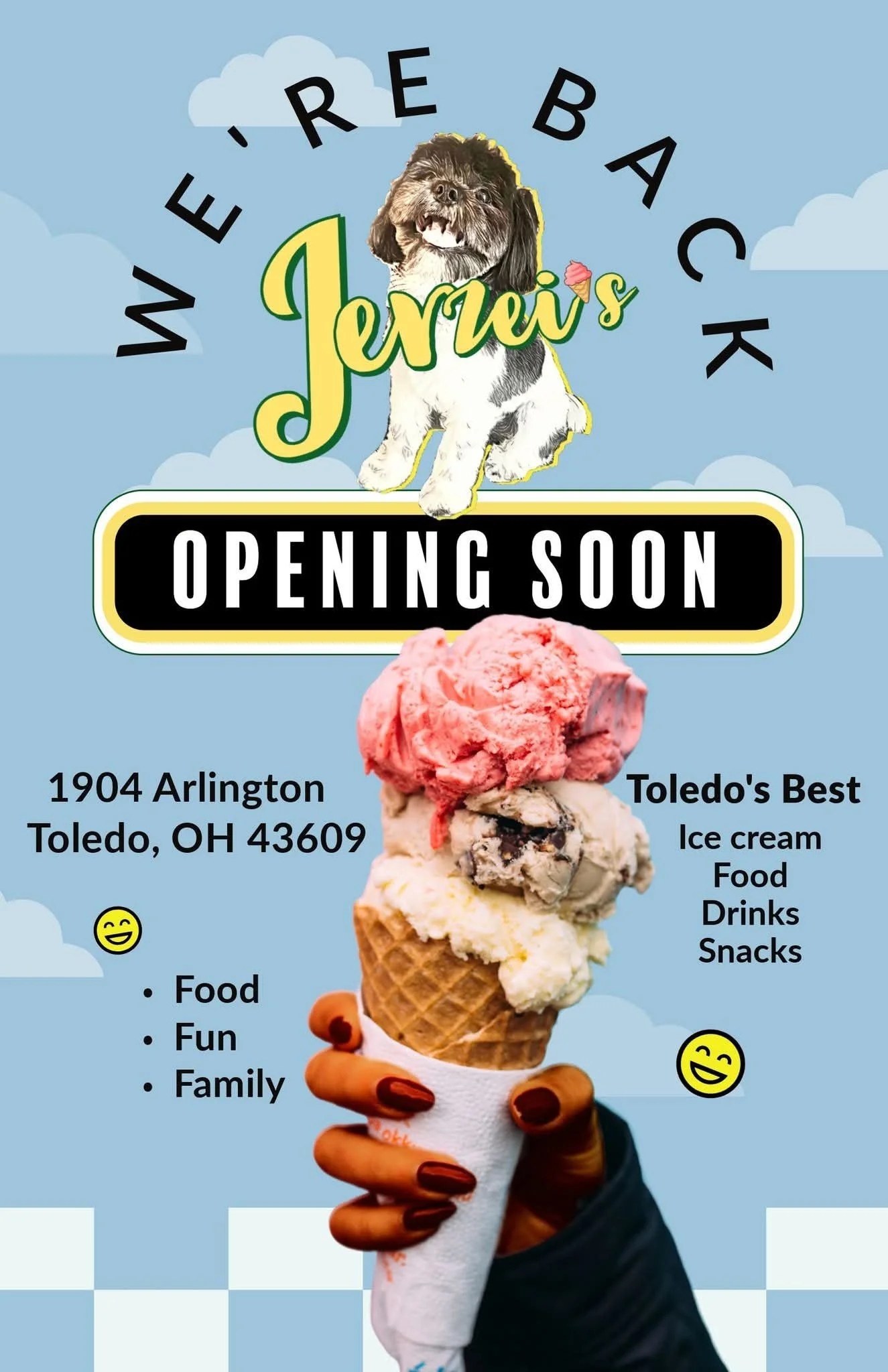 A lively, colorful ad announces Jerzei’s reopening with a cheerful hand holding a towering ice cream cone stacked with scoops of pink, white, and brown. The hand, medium brown with light reddish-pink nails, brings a warm, personal touch to the vibran