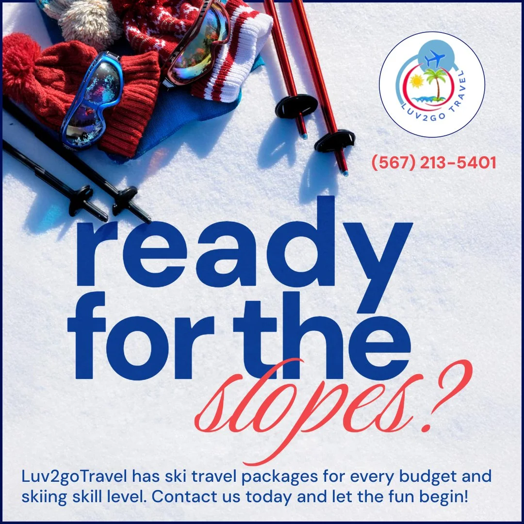 This eye-catching ski travel promo makes winter adventure feel just a step away. “Ready for the slopes?”—the main message—jumps out in bold, modern lettering, with “slopes” swirling in a bright, energetic red script. The text sits on a crisp bed of s