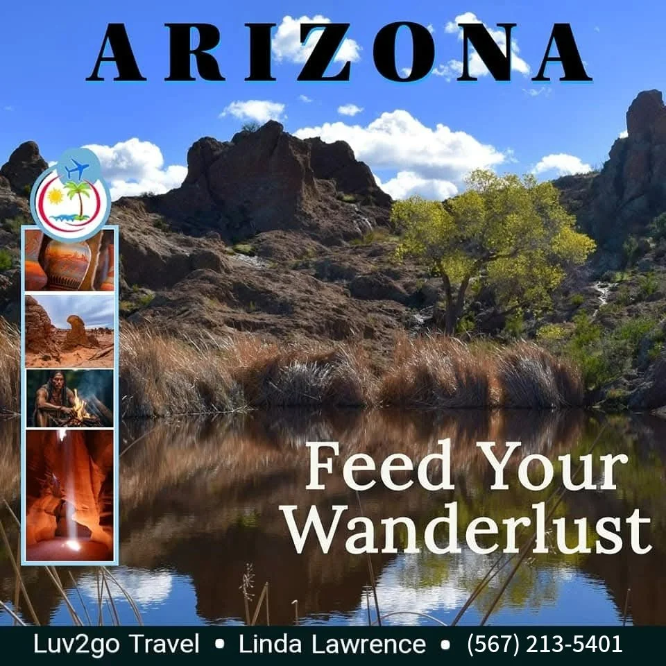 The “Arizona Feed Your Wanderlust” promo poster is an open invitation to explore the state's wild heart. At its center, a stunning landscape photo captures the calm surface of a lake perfectly mirroring rugged mountains and a wide-open sky—serenity d