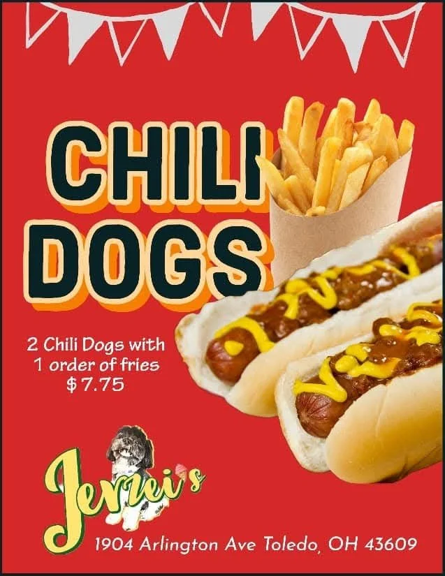A bold, inviting poster for Jerzei's restaurant spotlights their signature chili dogs against a vibrant red backdrop. The eye is immediately drawn to two juicy chili dogs, stacked center stage and loaded with hearty chili and a zigzag of bright yello