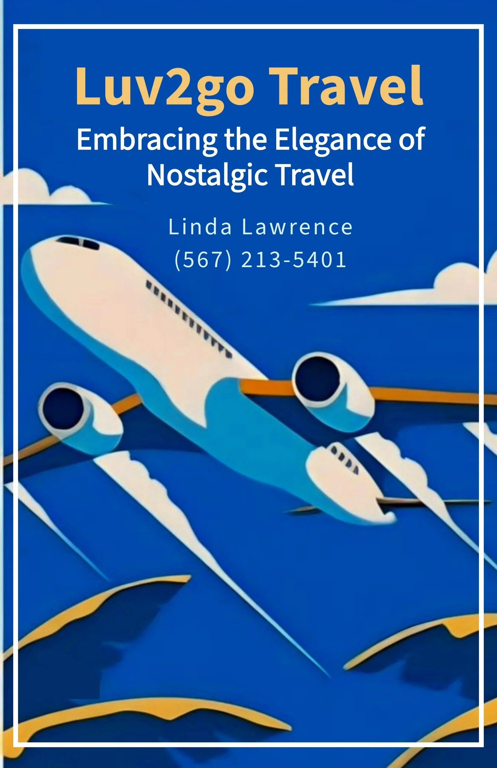 A bold, nostalgic graphic captures the thrill of travel with a stylized airplane soaring diagonally across a dynamic blue sky. The plane, rendered in soft cream tones and simple, blocky shapes, cuts through a field of lively, cartoon-like clouds, its