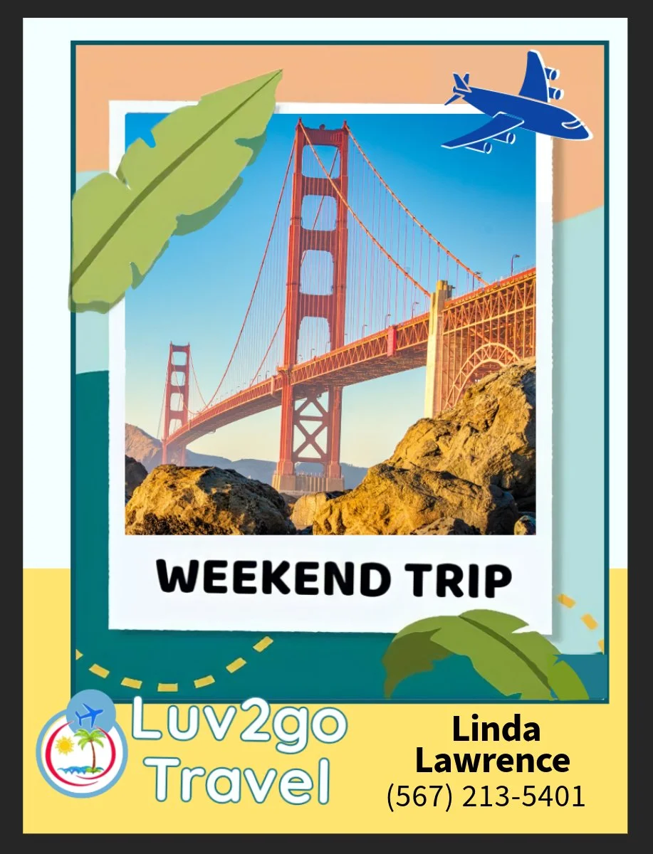 This playful weekend trip poster from Luv2go Travel puts the iconic Golden Gate Bridge front and center, surrounded by a swirl of tropical leaves and a cartoon airplane soaring above. The bridge image pops out of a crisp, Instagram-style frame, its f