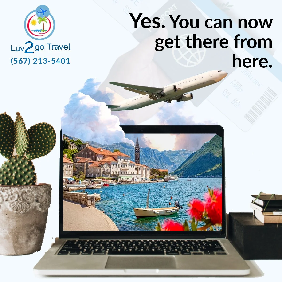 This Luv2go Travel promo image grabs your attention with a crisp, modern design: a laptop sits front and center, its screen displaying a stunning coastal town with colorful buildings and sparkling water. Above the laptop, a sleek airplane soars, rein