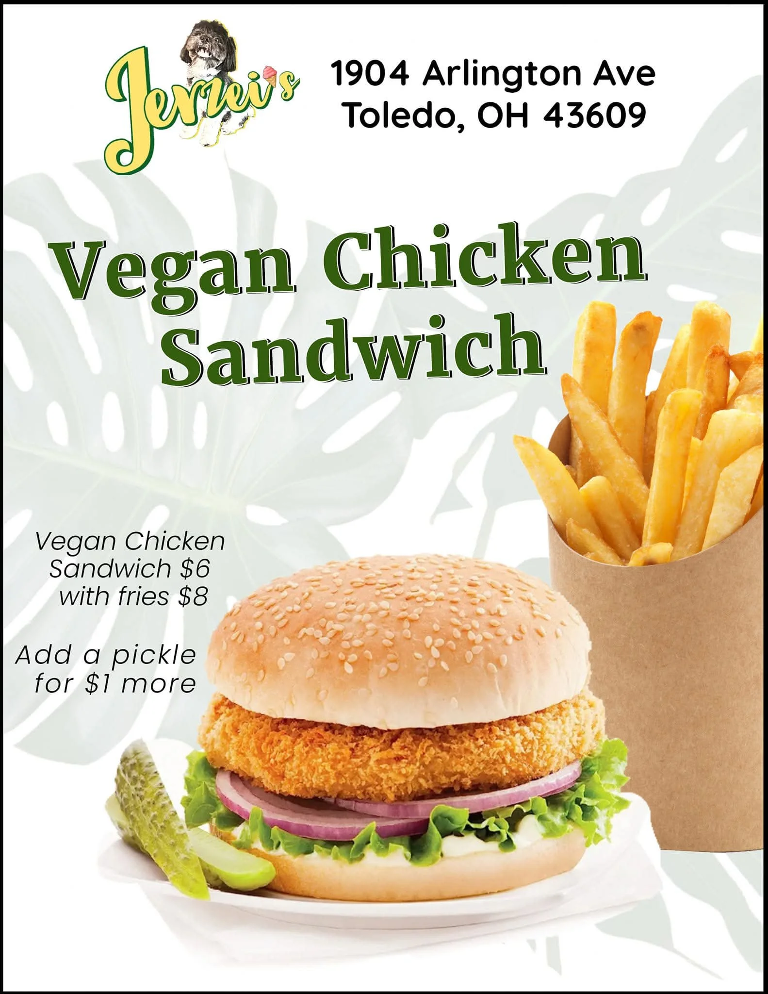A clean, modern menu ad for Jerzei’s vegan chicken sandwich puts the spotlight on a crispy, golden-brown patty nestled in a fresh bun, topped with vibrant condiments that make it look as flavorful as it is plant-based. Next to the sandwich, a small p