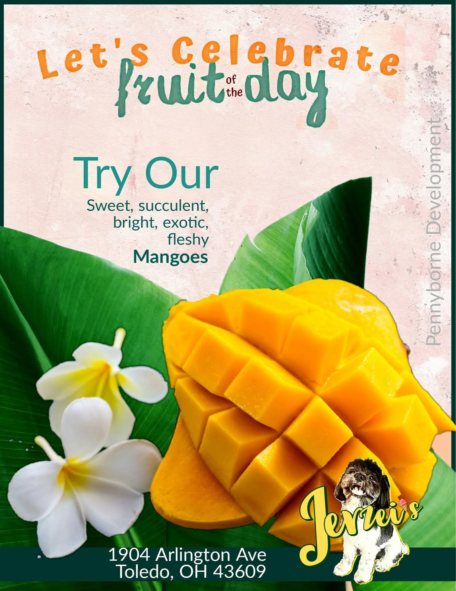 A vibrant promotional poster makes mangoes the star, centering a perfectly sliced, golden-yellow mango in the midst of lush, green banana leaves. The fruit’s juicy squares glisten with freshness, their color popping against the backdrop of stylized t