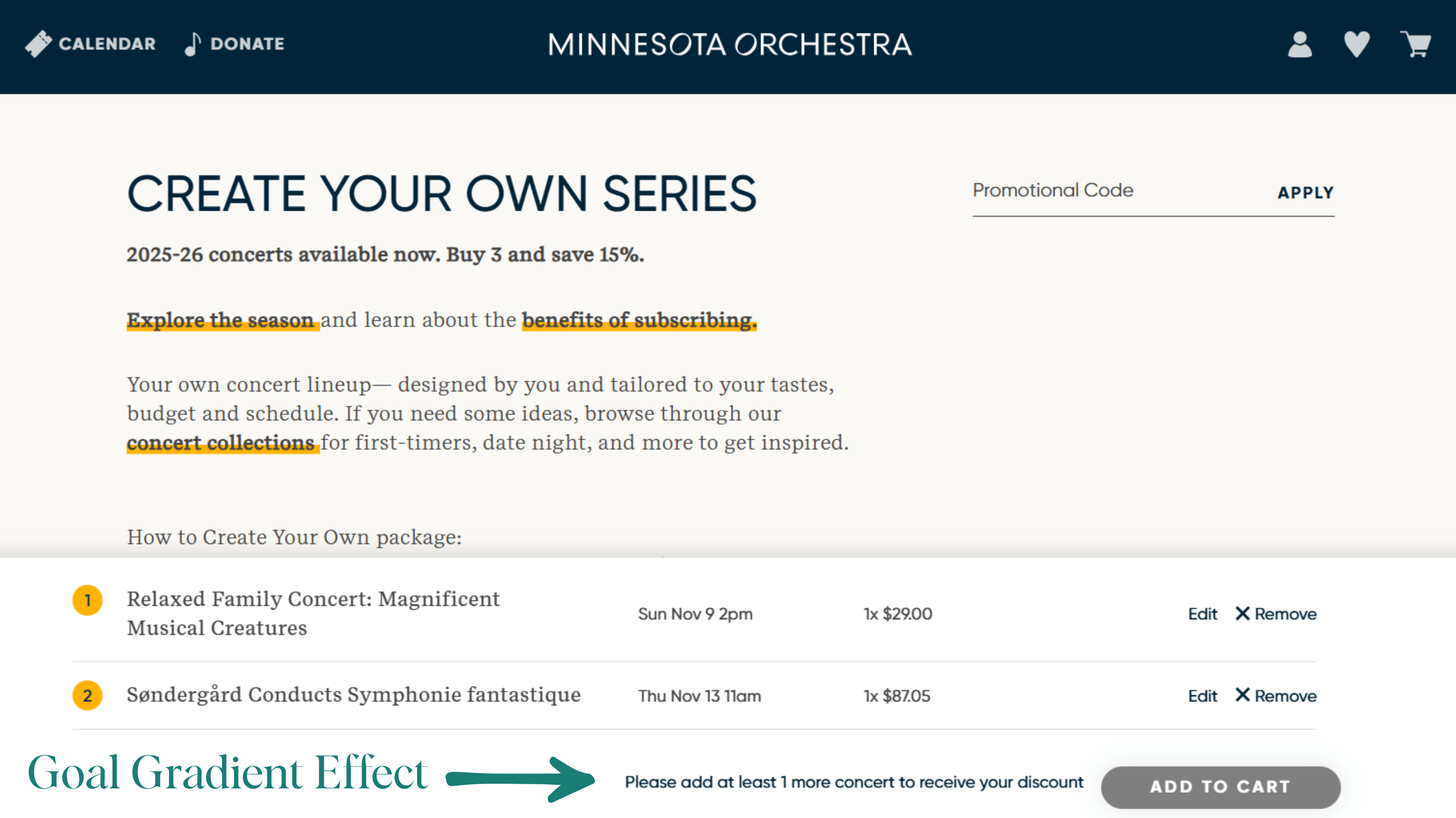 An image of Minnesota Orchestra's CYO shopping cart with the message "Please add at least 1 more concert to receive your discount.