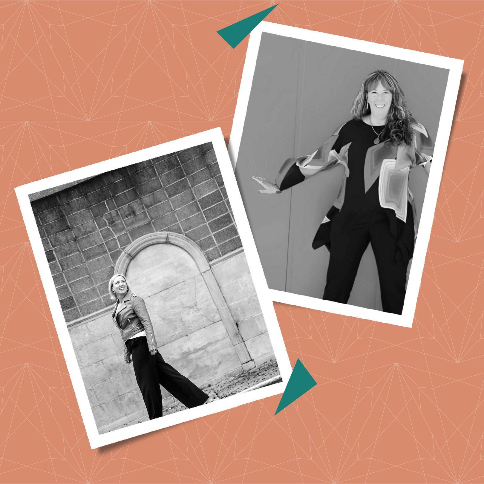 Black & white headshots of Nicole Wetzell & Nancy Trigg against an apricot background.