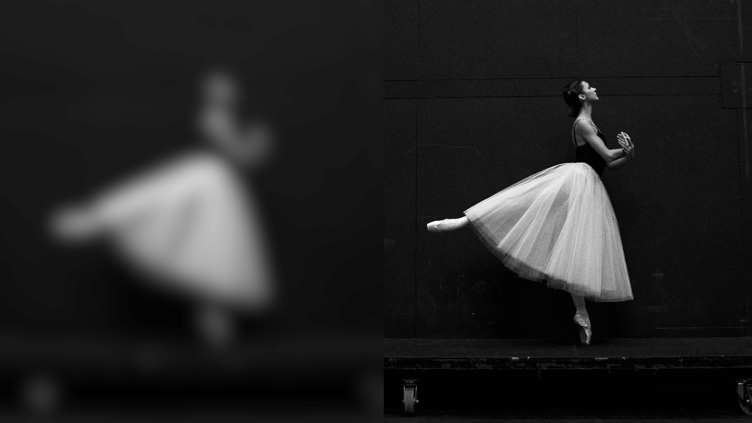 Blurry versus crisp photo of a ballerina in a white tutu on a dark stage, illustrating the difference between vague and concrete arts marketing copy.