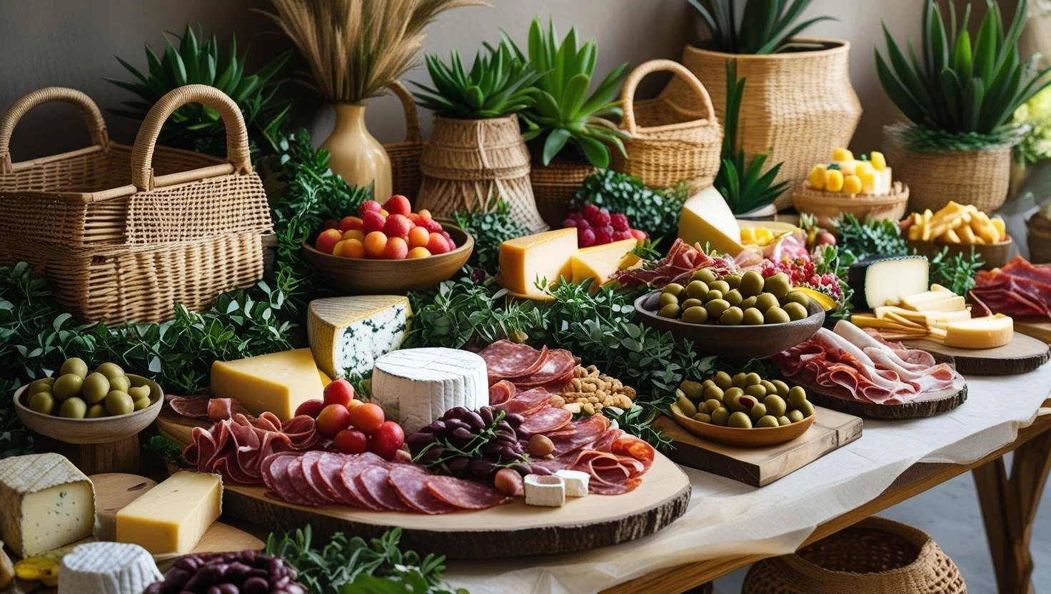 A table with a charcuterie spread including various cheeses, cured meats, olives, and grapes, decorated with green foliage and surrounded by wicker baskets and potted plants.
