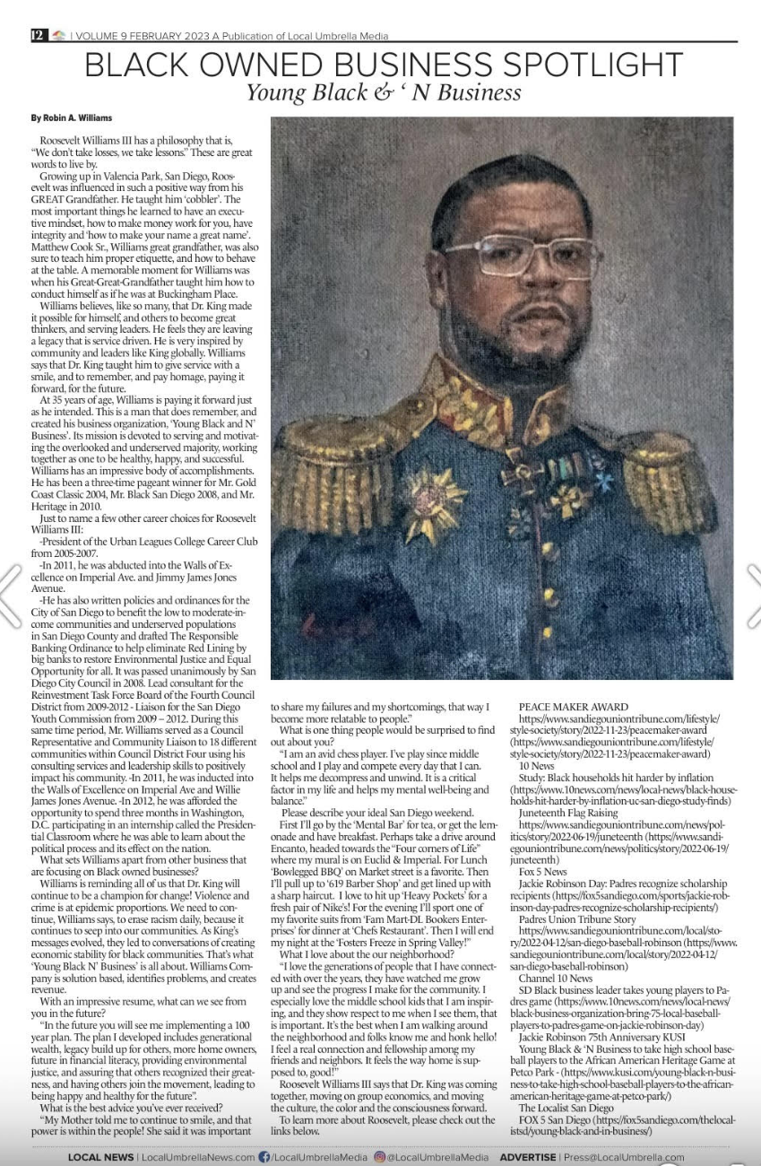 Roosevelt Williams III featured in newspaper spotlighting Black-owned businesses and economic empowerment.