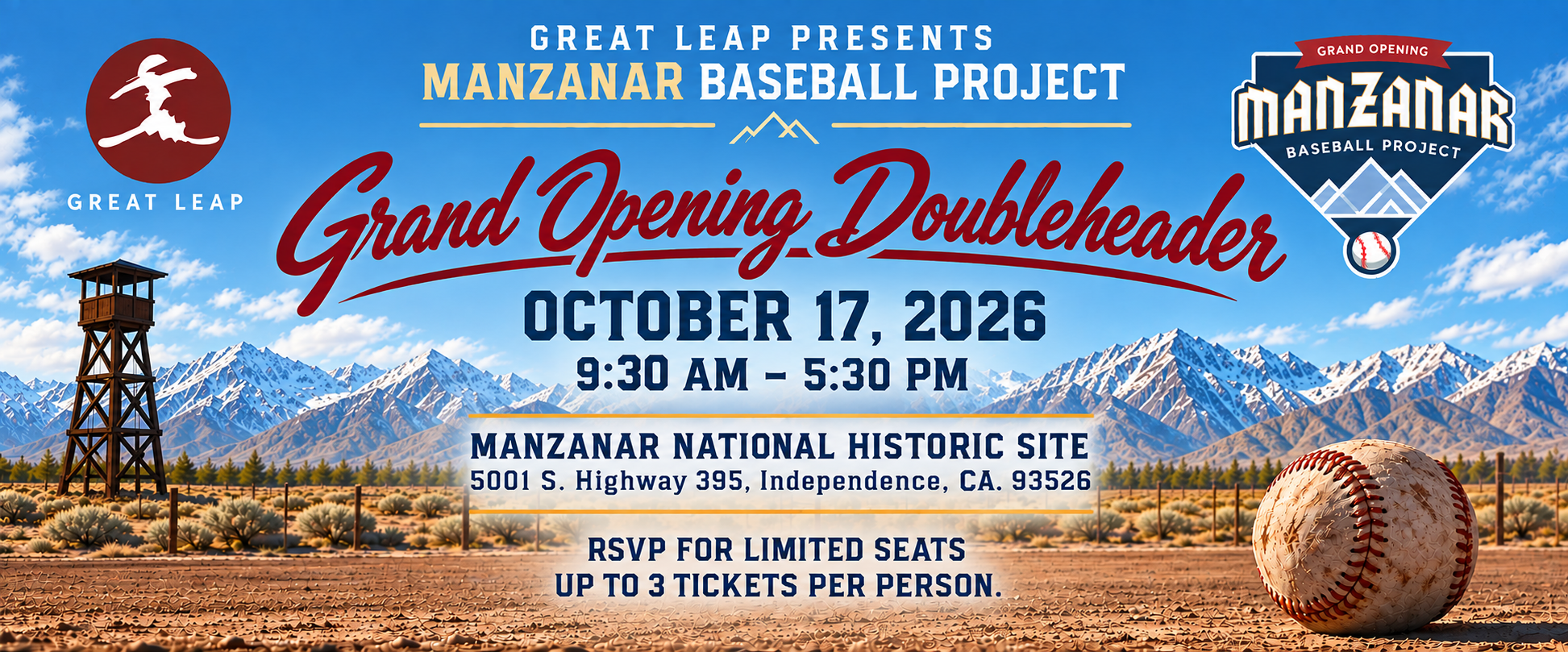 Join Great Leap for a historic day on Manzanar's restored baseball field: opening ceremonies followed by a doubleheader honoring the Japanese Americans who kept the game alive behind barbed wire.