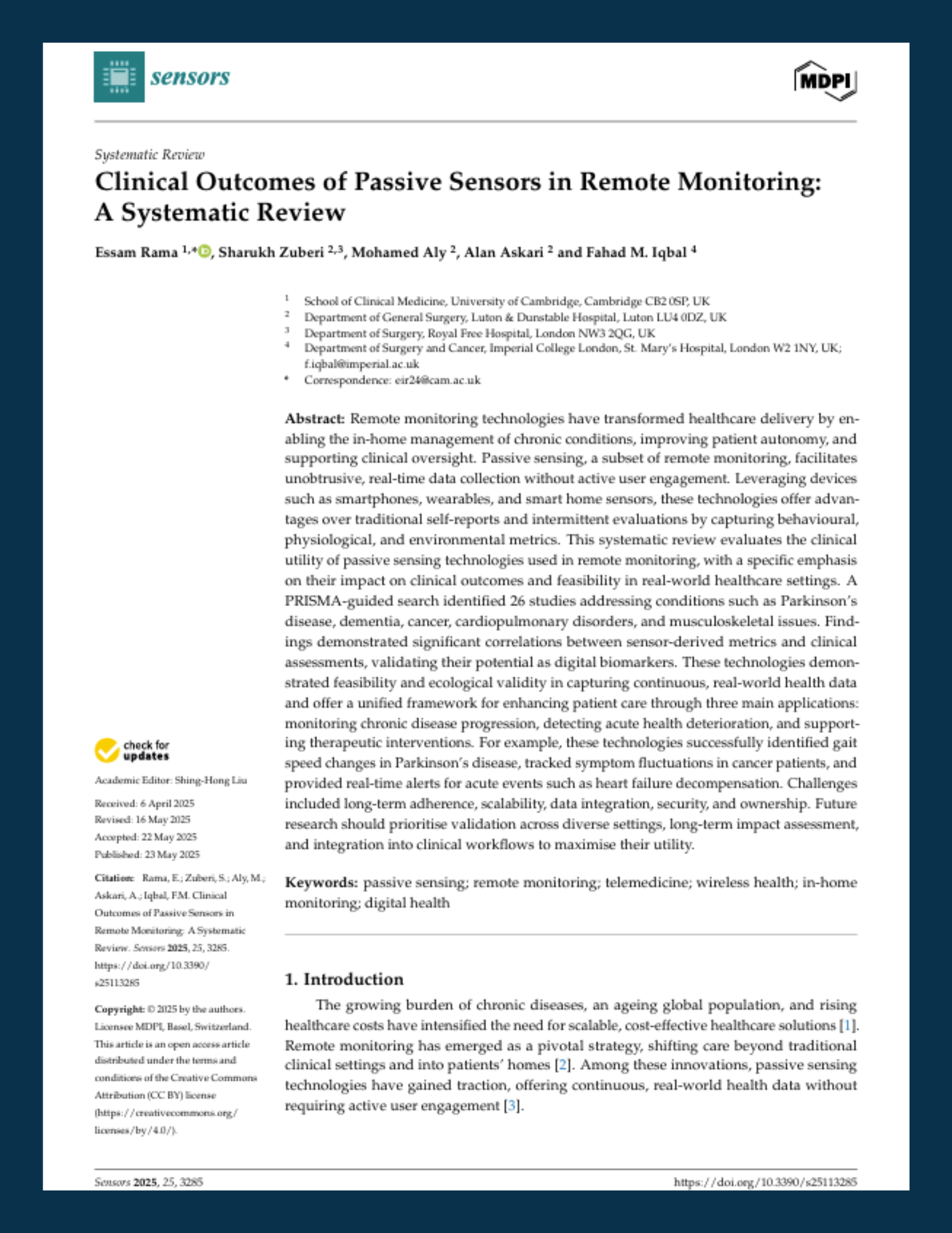 Opening page of a research article titled 'Clinical Outcomes of Passive Sensors in Remote Monitoring: A Systematic Review' with author details, abstract, keywords, and publication information.