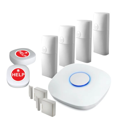 ALISE Systems home safety kit with sensors, control panel, and help buttons—providing discreet, non-intrusive monitoring for seniors living independently.
