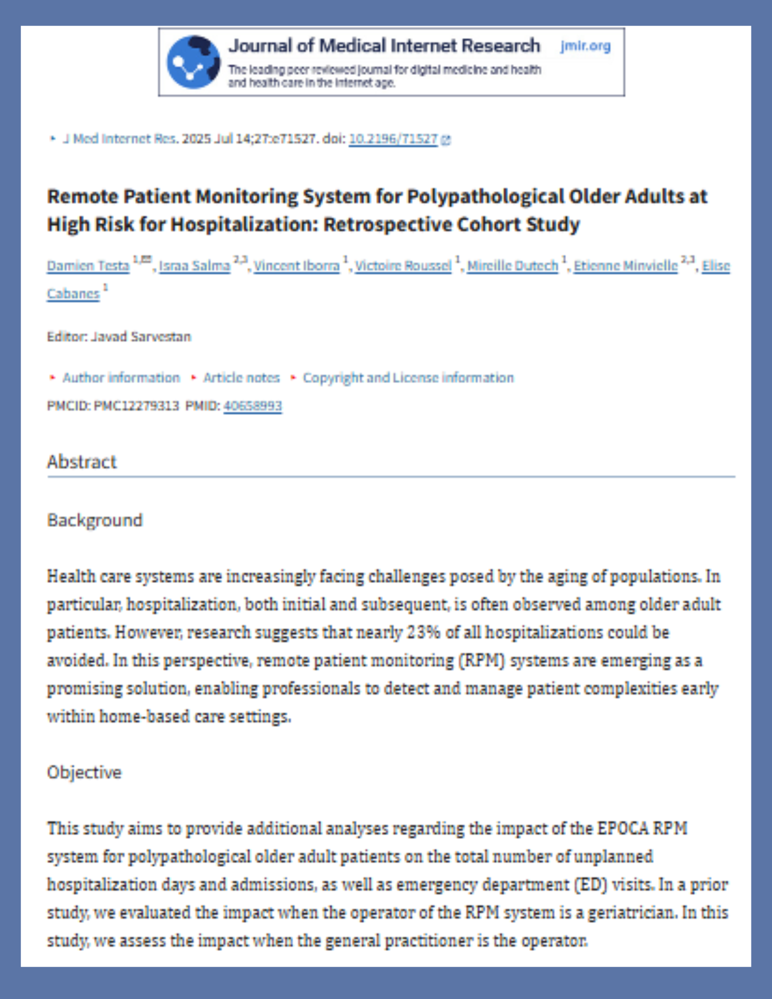 Screenshot of a scientific research article titled "Remote Patient Monitoring System for Polypathological Older Adults at High Risk for Hospitalization: Retrospective Cohort Study" from the Journal of Medical Internet Research.
