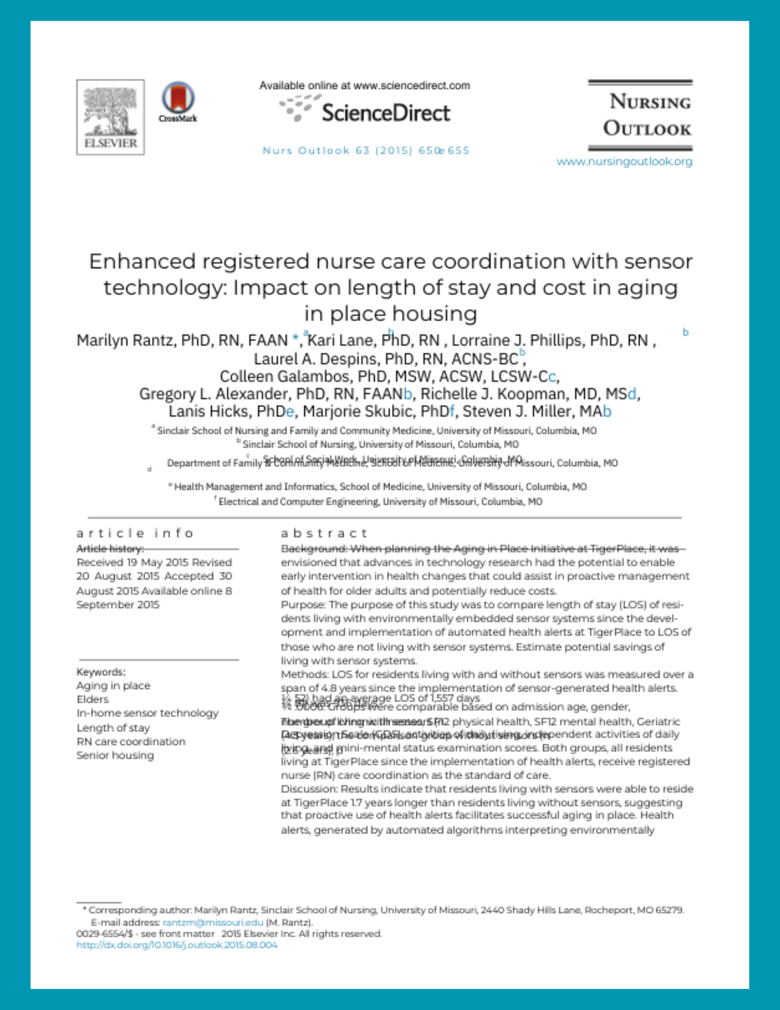 Academic journal article titled 'Enhanced registered nurse care coordination with sensor technology: Impact on length of stay and cost in aging in place housing.'