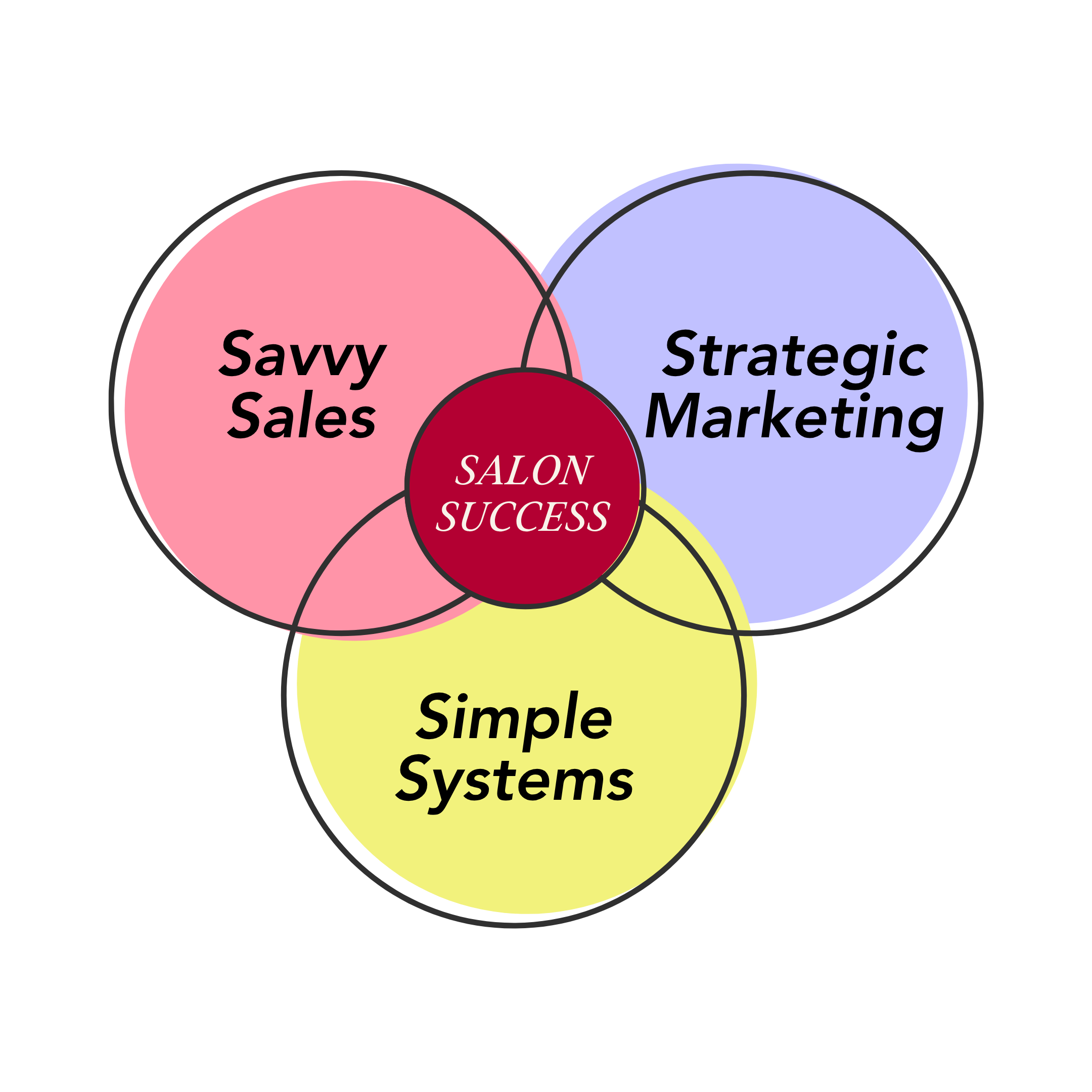 Salon Success Method Venn diagram showing Savvy Sales, Strategic Marketing, and Simple Systems overlapping.