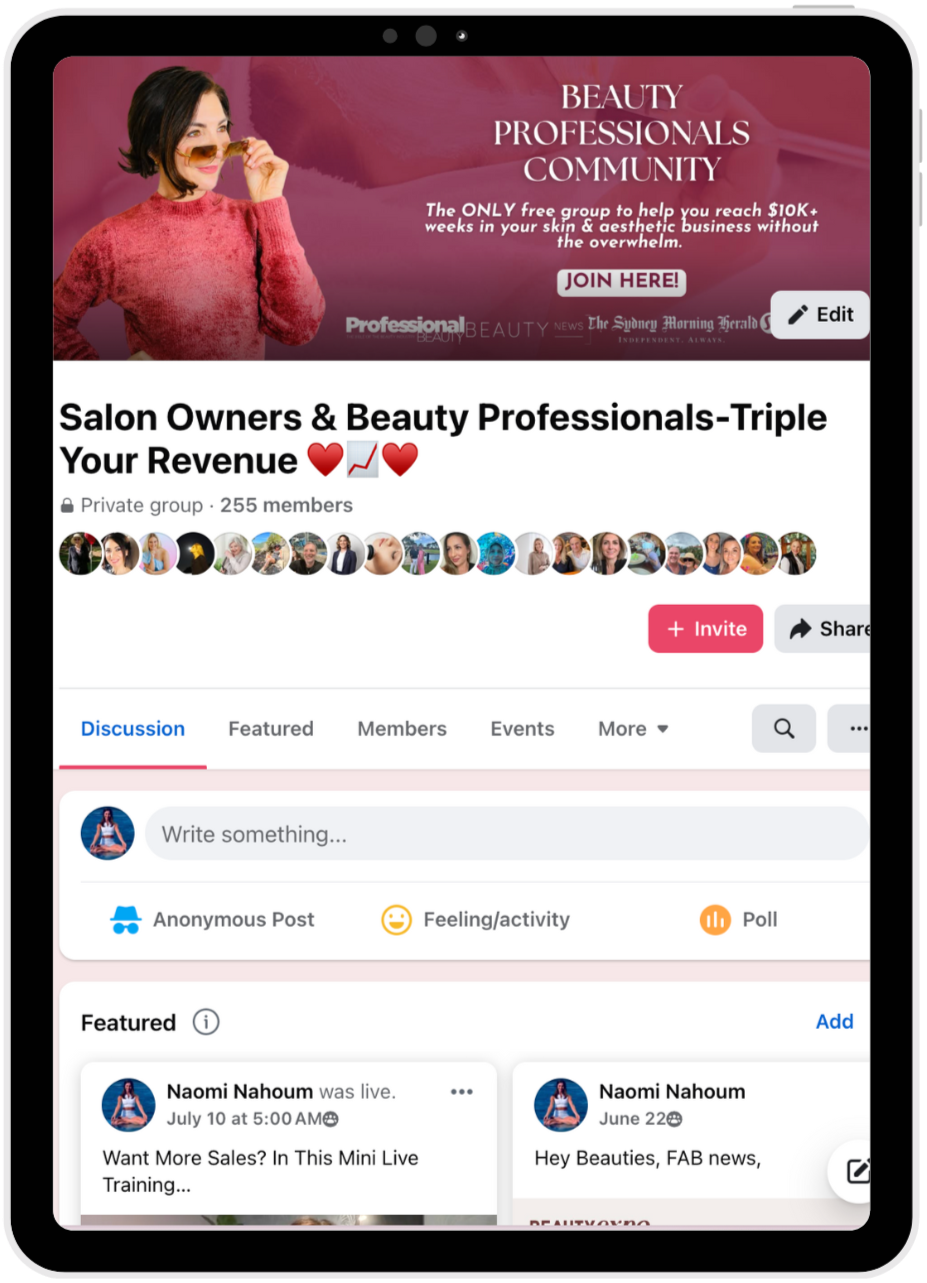 Facebook group page titled 'Salon Owners & Beauty Professionals- Triple Your Revenue' with a cover image of a woman in a pink sweater holding sunglasses and smiling, promoting a free group for skin and aesthetic business support.