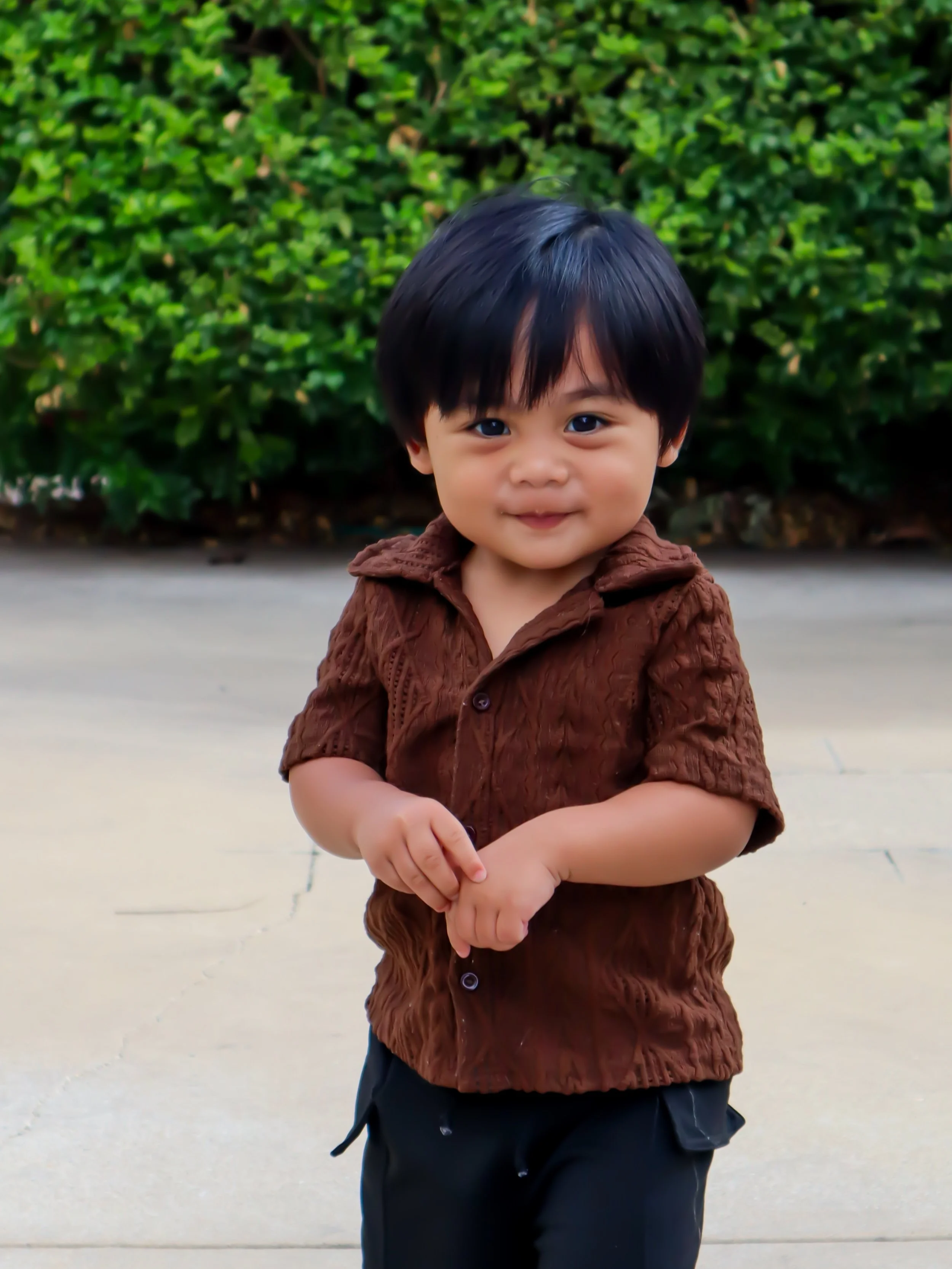 Young boy with black hair, wearing a brown shirt and black pants, standing outdoors in front of green shrubbery, smiling at the camera.