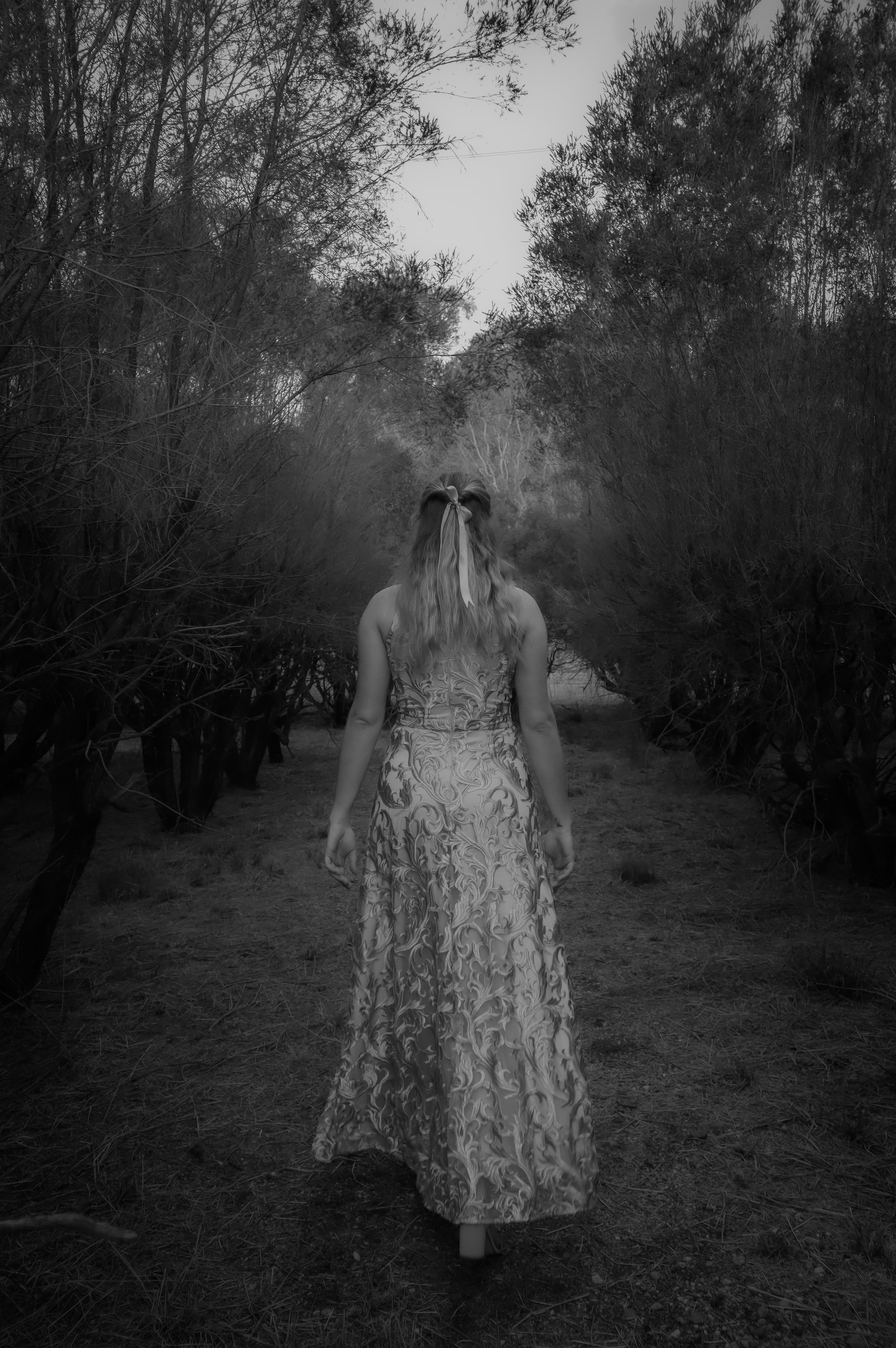 A woman in a patterned, strapless gown walking through a wooded area with bare trees, in black and white.