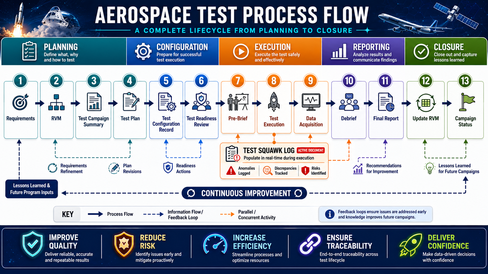 Aerospace Test Process Flow — Complete lifecycle from planning to closure showing how all 10 templates connect