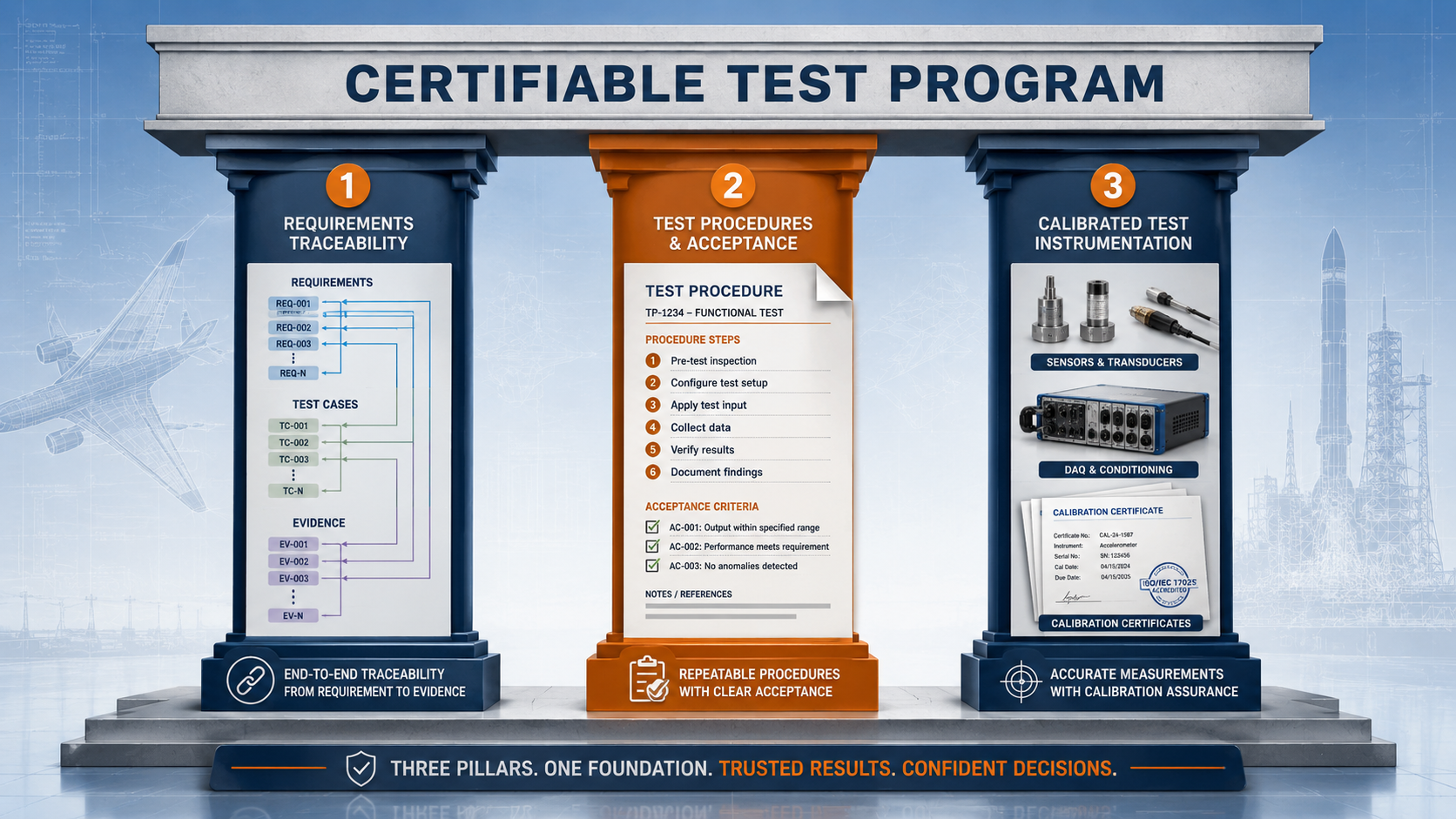 The Three Pillars of Certifiable Test Programs