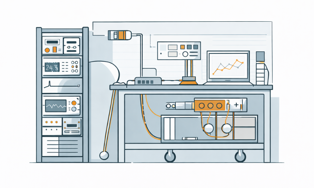 Illustration of a laboratory setup with various scientific instruments, including monitoring devices, a computer with a graph, and equipment connected on a workbench with shelves.