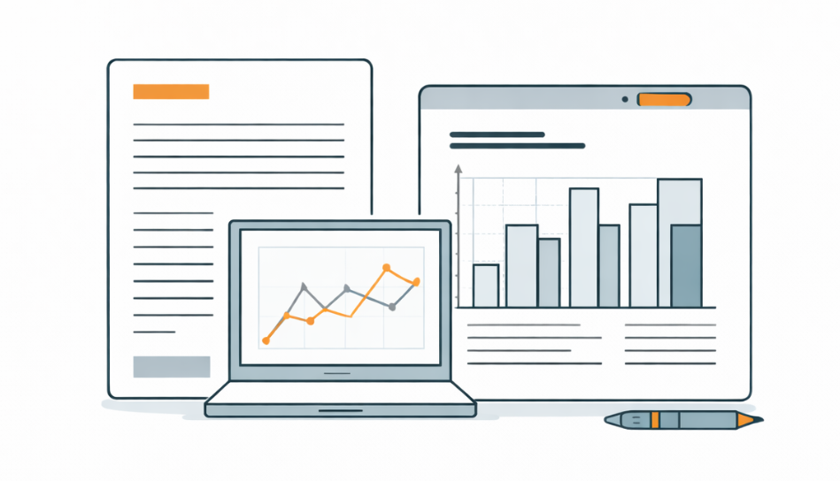 Diagram showing a laptop with a line graph, a sheet of paper with text, a larger screen with bar and line graphs, and a pen.