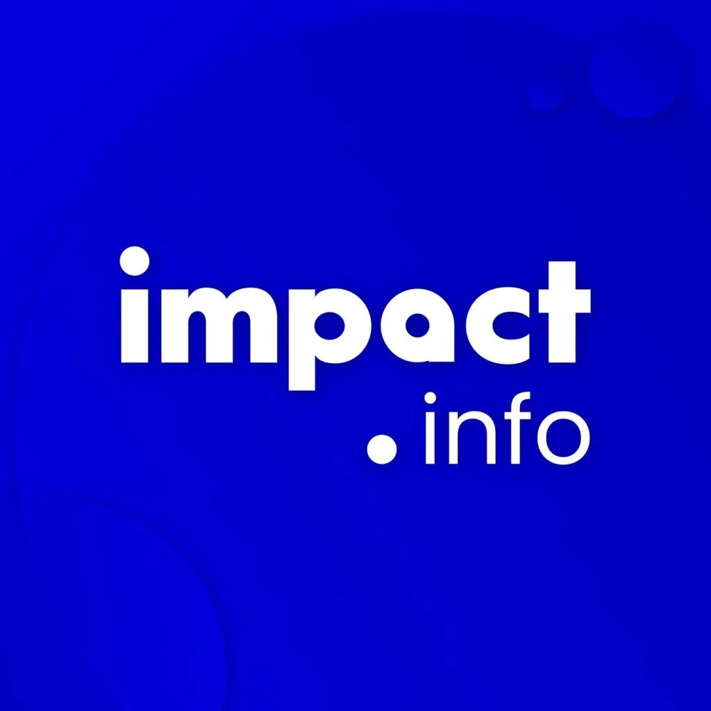 Logotipo azul con la palabra 'impact' en letras blancas grandes y '.info' en letras más pequeñas debajo, sobre fondo azul con círculos difusos.