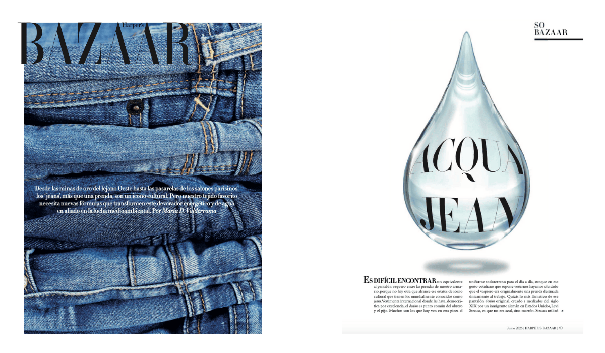 Página de revista con pilas de jeans azules en la izquierda y una gota de agua que refleja el texto 'AQUA JEAN' en la derecha.