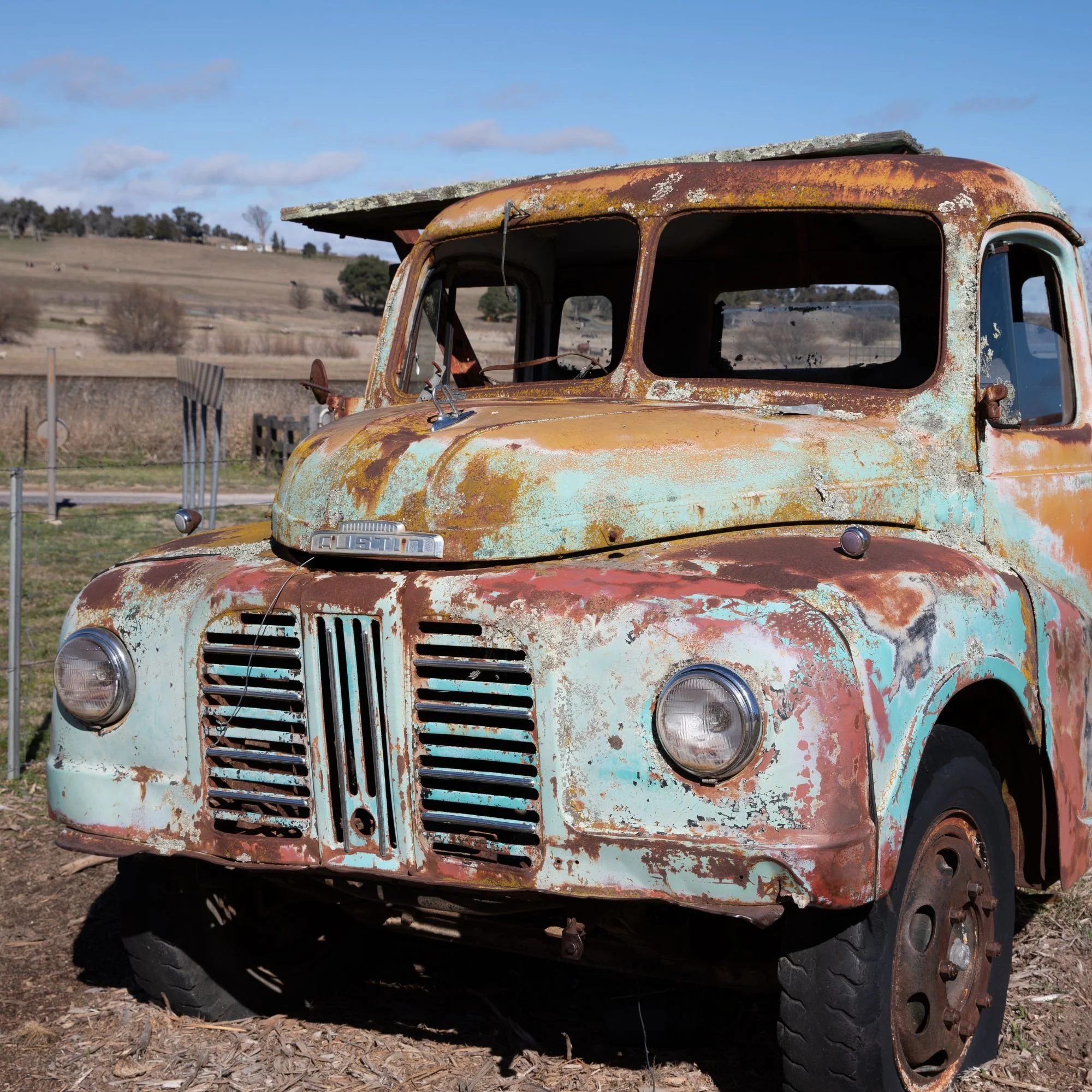 Vintage farm ute parked at Rustic Range Retreat in Georges Plains, Bathurst NSW