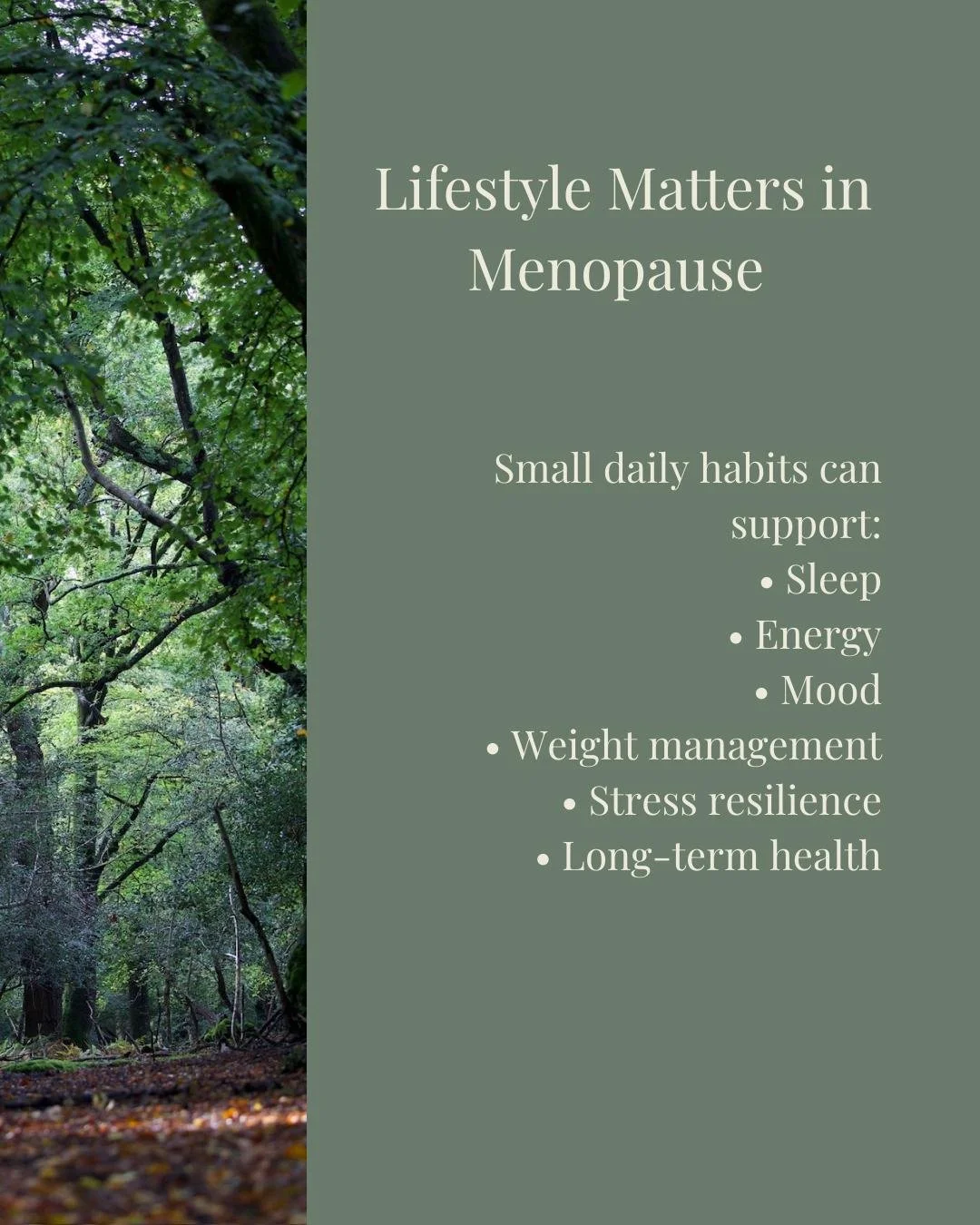 Hormones are only one part of the picture during menopause.

Lifestyle factors such as sleep, nutrition, alcohol, movement and stress can influence how women feel during midlife, and have an impact on healthy ageing. 

Our daily habits can affect ene